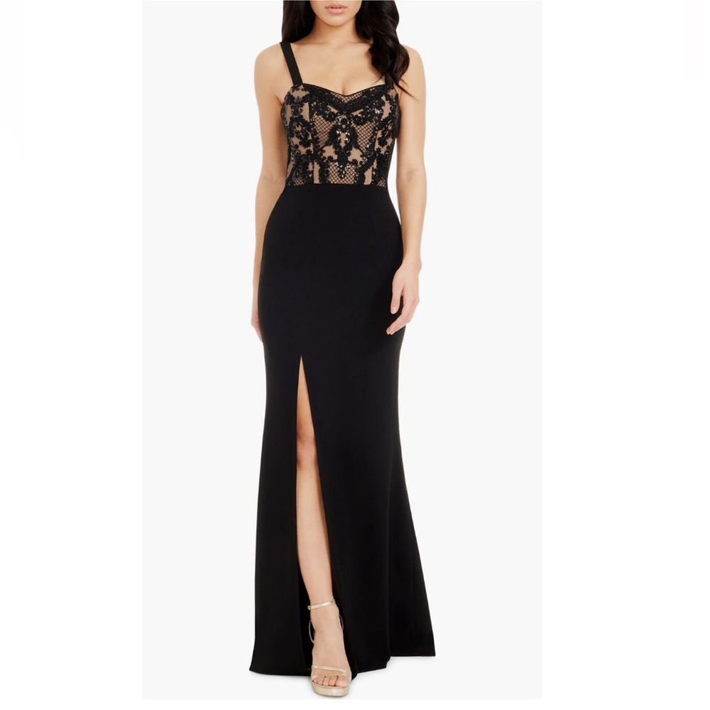 Dress the Population Black & Beige Monique Sequin Lace Bodice Gown - Reemoly